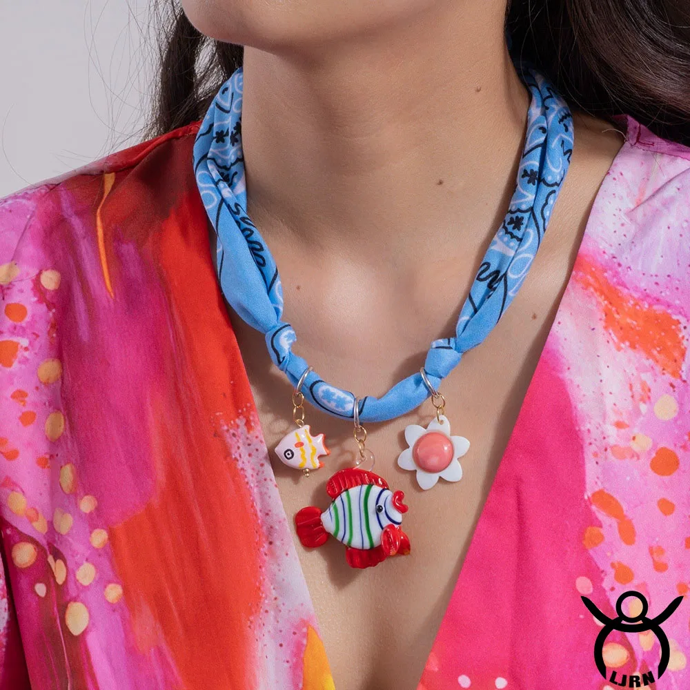 

2025 New Necklace Stainless Steel Fish Enamel Pendant Beaded Silk Scarf Handmade Choker Accessories Women Jewelry Gift