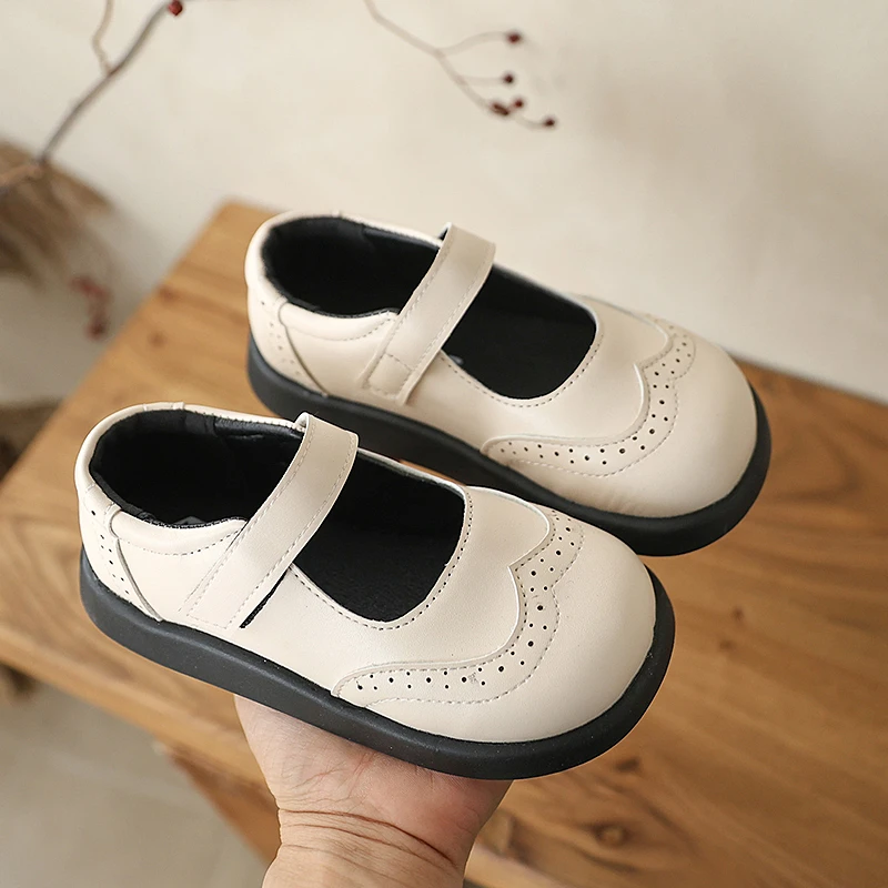 Classic Kids School Leather Shoes Simple Black Beige Girls Formal Mary Jane Shoes Non-slip Children's Uniform Performance Shoes