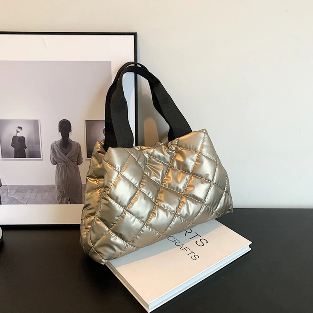 Women Quilted Hobo Handbag Large Capacity Tote Handbag Soft Solid Color Portable Cotton Girls Winter Bag