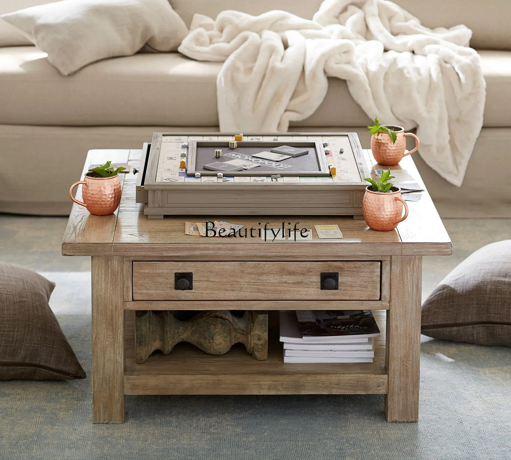 

12American Country Retro Distressed Sideboard Cabinet Living Room Solid Wood Distressed Storage Floor Cabinet