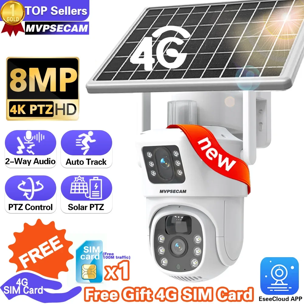 4K 8MP 4G Sim Card Battery Camera PIR Motion Cam Auto Tracking 2-Way Audio Outdoor Security Cameras with Solar Panel Free SIM Ca