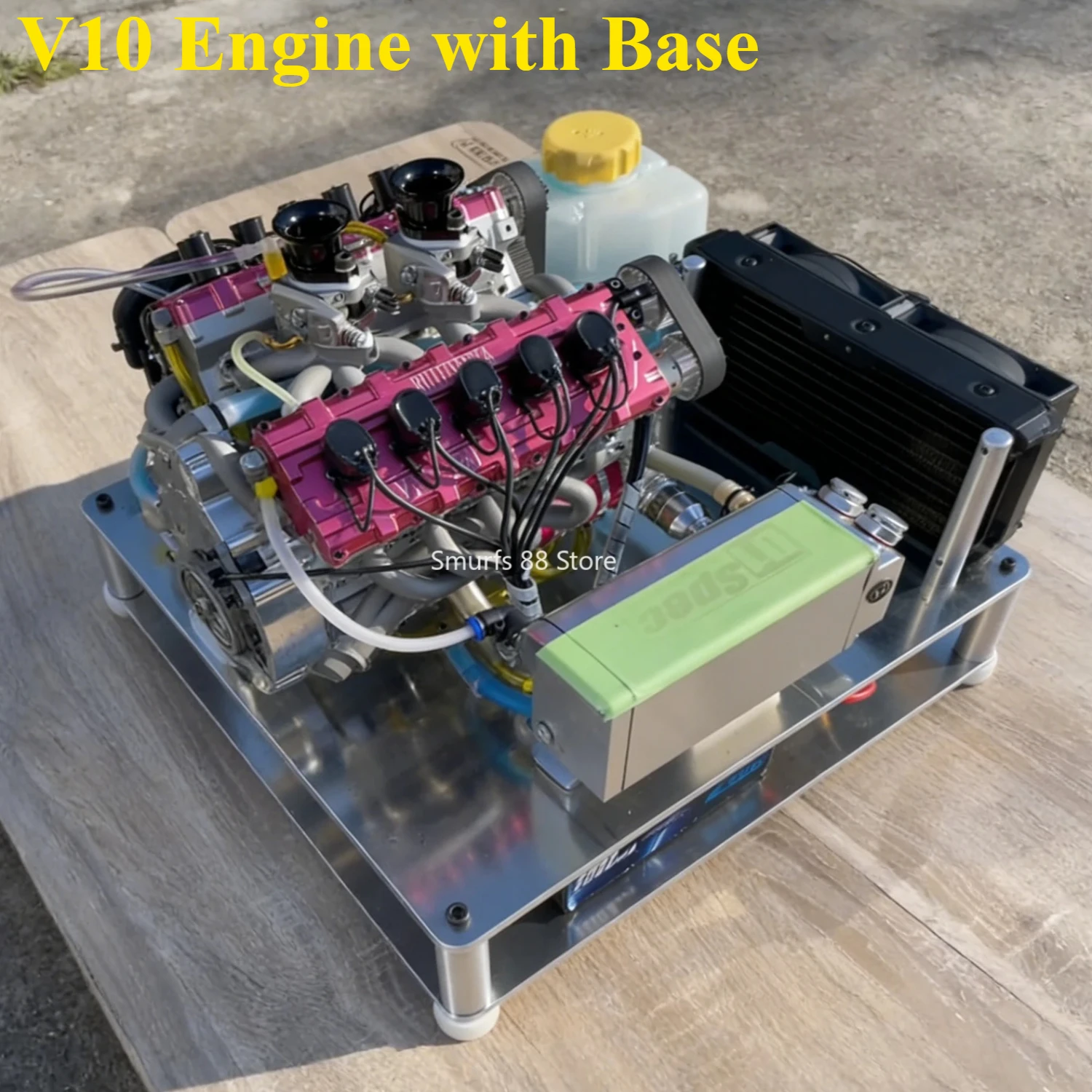 V10 Engine Model with Metal Base 150cc 4 Stroke Metal Water Cooling Engine Model Suitable for 1/4 Cars and Boat Models Toys 16HP