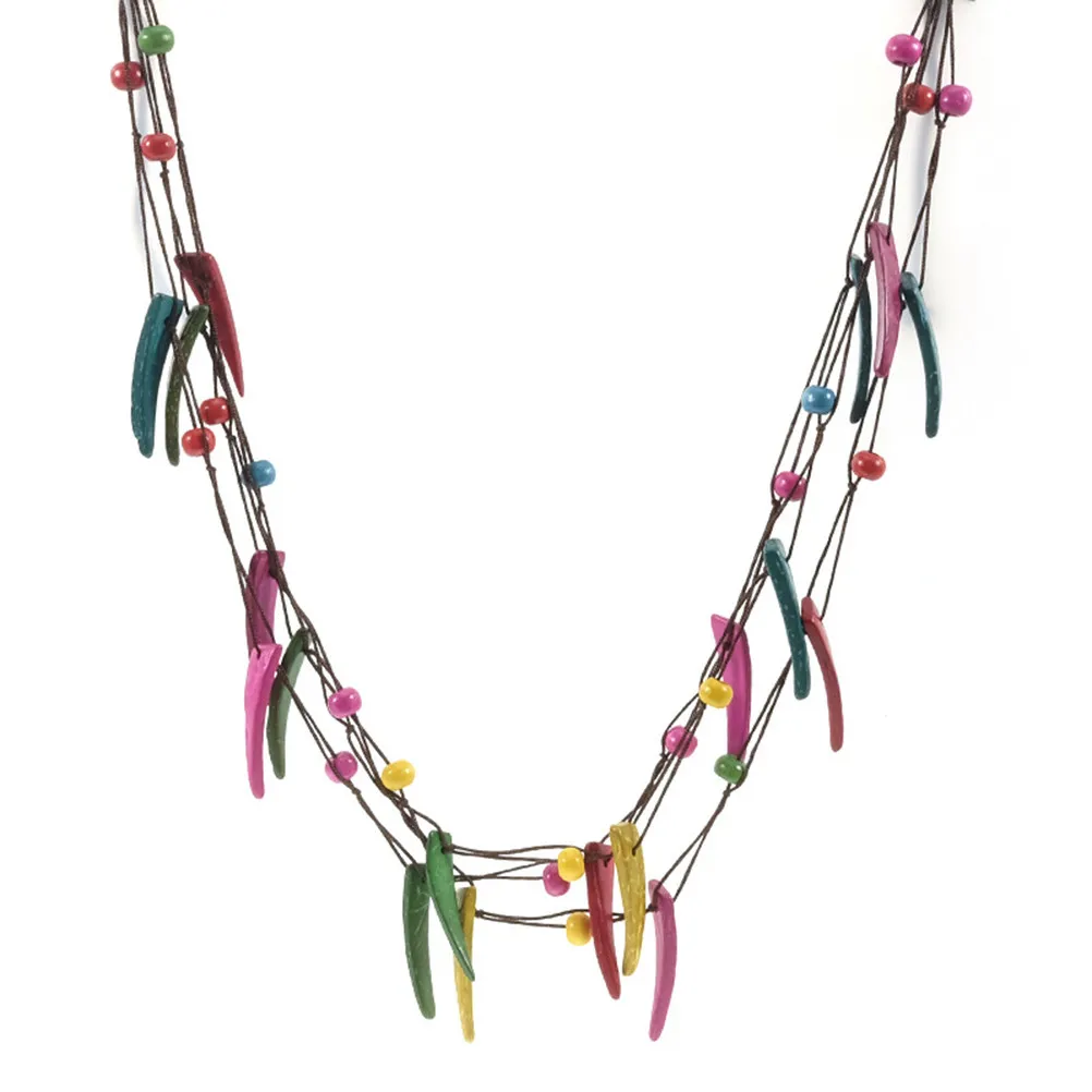 Bohemian Wooden Bead Necklace Colorful Coconut Shell Circle Pendant Braided Woven Ethnic Jewelry Gift