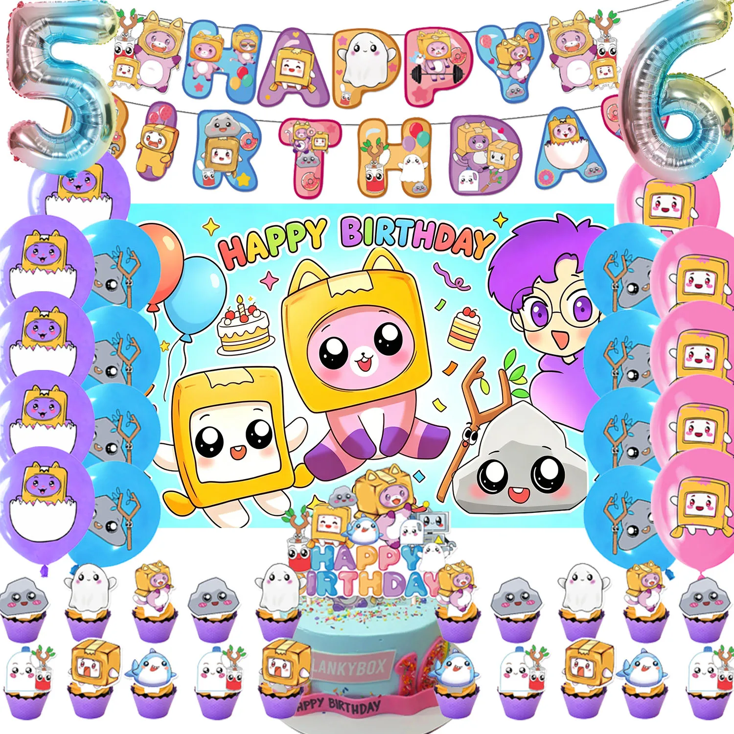Game LankyBoxs Thema Kindergeburtstag Party Dekoration Zubehör Ballon Tortendekoration Banner Rosa Katze Fotografie-Hintergrund Geschenke