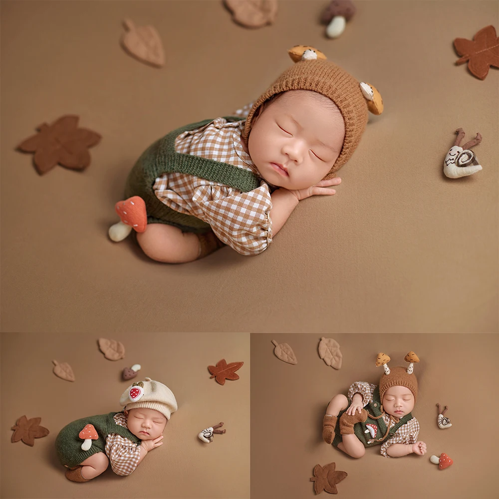 Forest Theme Newborn Photography Props Set Knitted Baby Costume Mushrooms Props Felt Leaves Photo Studio Fall Shoot Scene Props
