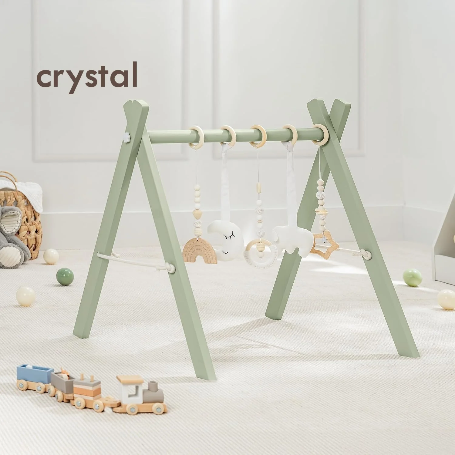 Crystal Wooden Baby Play Gym with 5 Sensory Hanging Toys Soft Stuffed Geometric Shape for Infant Motor Activity & Development