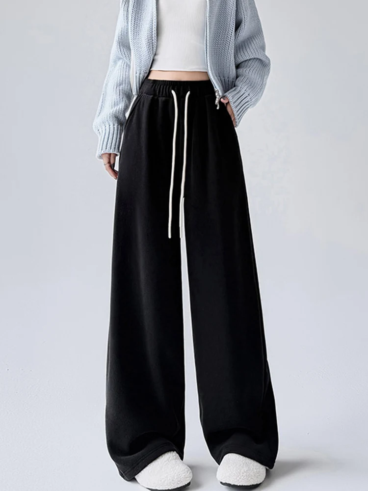 خريف شتاء بنطال ذو قصة أرجل واسعة النساء خمر فضفاض عادية كسول الرياح مستقيم بنطلون الصلبة بسيطة سميكة Harajuku مكتب سيدة السراويل