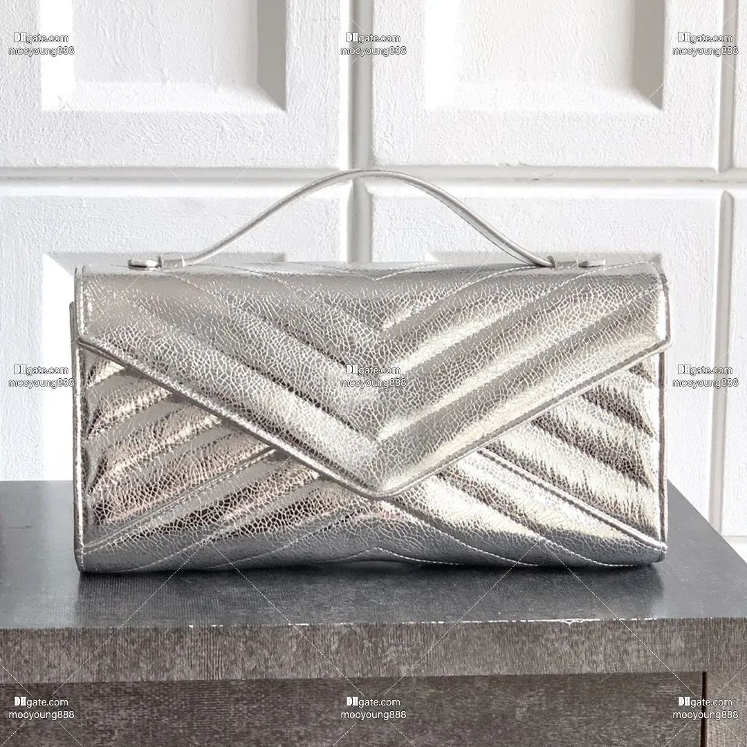 

Luxury 12A Upgrade Mirror Quality Designer Clutch Bags for Women – Quilted Lambskin Leather Handle Handbag, Silver Evening Purse