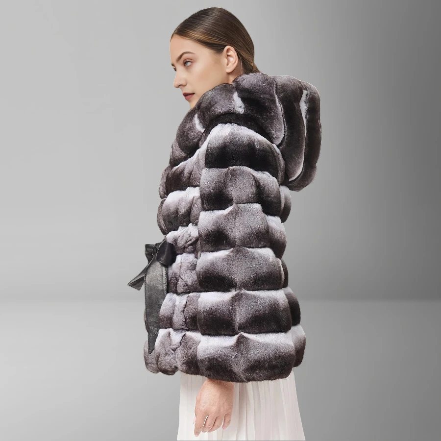 Giacca in pelliccia di coniglio Rex naturale con cappuccio Giacca invernale da donna Cappotto in vera pelliccia di coniglio con cintura Giacche in vera pelle di vendita calde