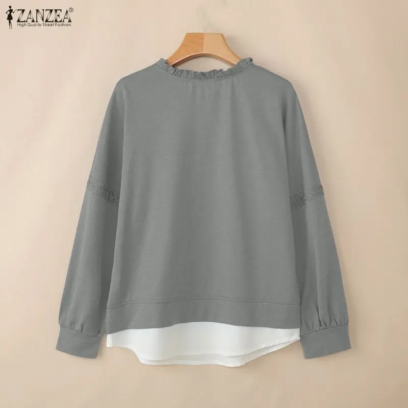 ZANZEA Women's Minimalist False 2-Pieces Sweatshirts Casual Ruffled Trim O-Neck Lace Patchwork Long Sleeve Pullovers Woman Tops