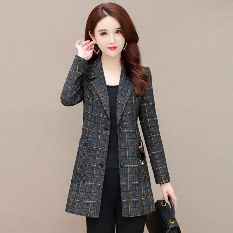 Fashion Loose Mid-Length Plaid Casual Professional Suit Jacket Women's Outwear Spring Autumn 2025 New Blazer Windbreakers Coat