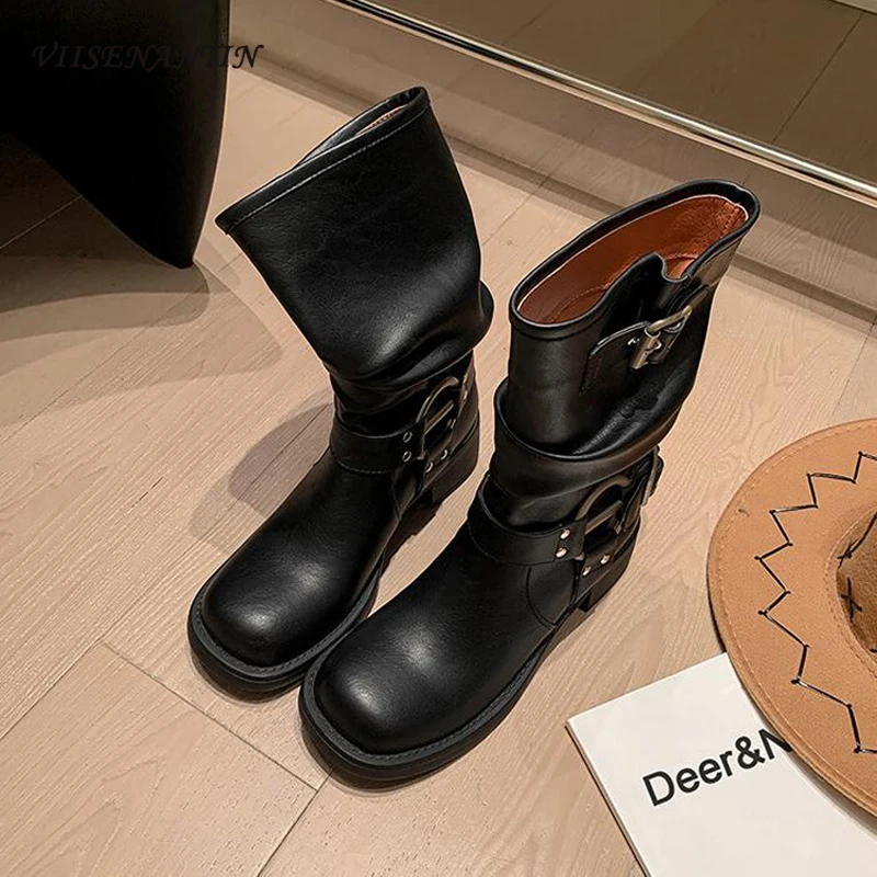 

Autumn Winter New Vintage Style Metal Bucle Belt Western Cowboy Boots Women Round Toe Chunky Heel Knight Motocycle Boots Females