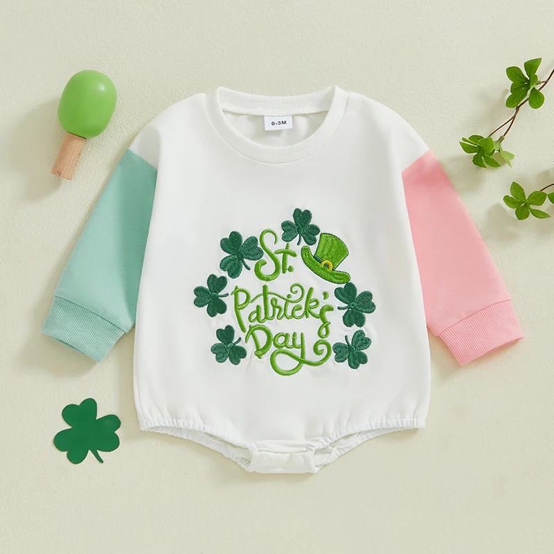 

Suefunskry Baby Girls Boys Sweatshirt Rompers Letter Clover Embroidery Long Sleeve Fall Bodysuits St. Patrick's Day Jumpsuits