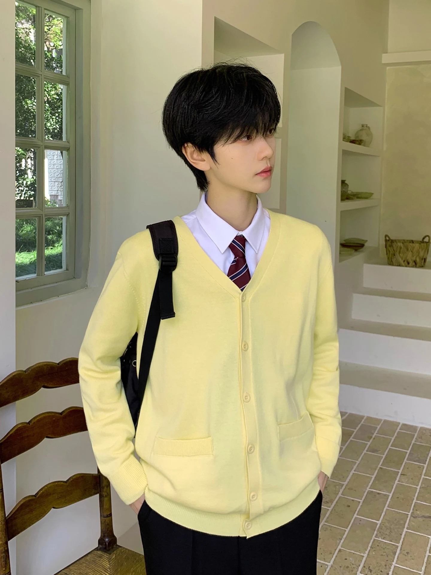 Pure Cotton DK Sweater Long Sleeve V-Neck Open Cardigan Unisex Autumn Winter Basic Style Japanese Retro Style Knitted Shirt