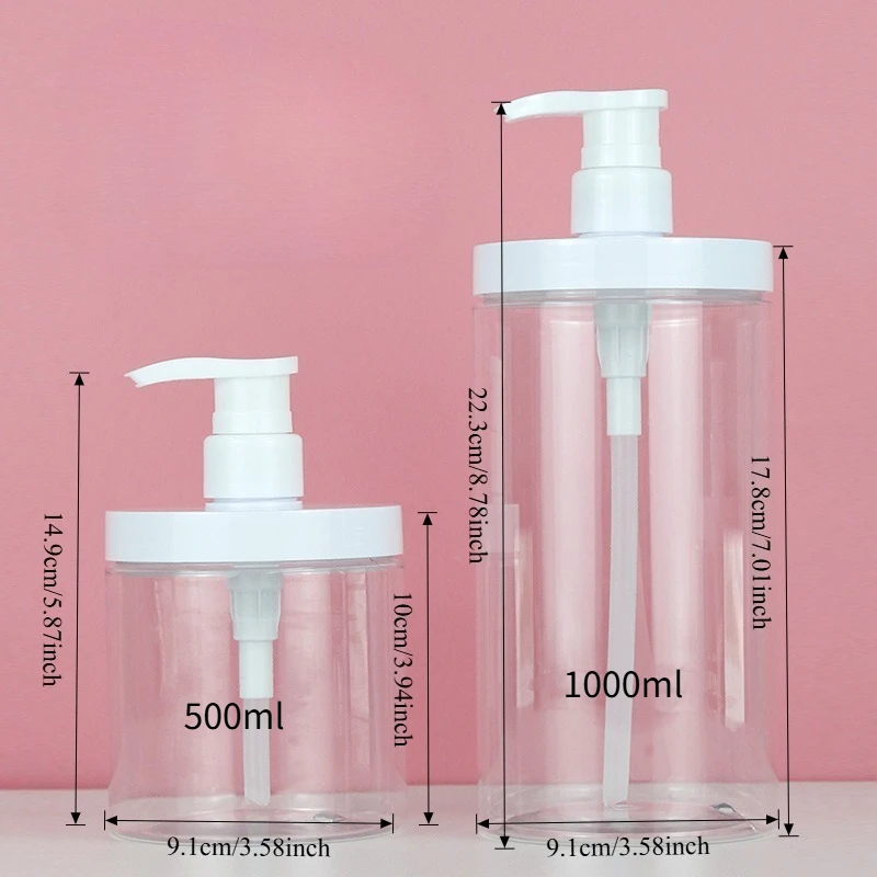 Dispensador de botellas con bomba de boca ancha de 500 ml/1000 ml ​   Contenedores vacíos recargables para recambios de líquidos de almacenamiento de jabón de ducha de viaje