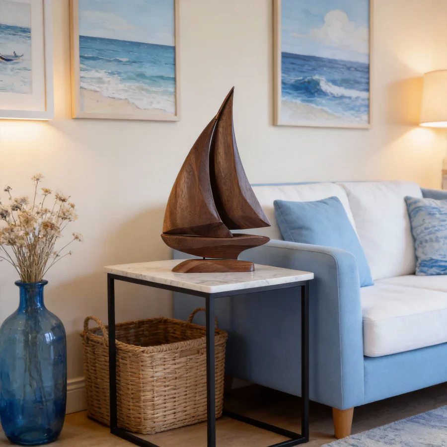 Solid Wood Sailboat Artwork Nautical Coastal Tabletop Decor Side Table Display Cabinet Ornament