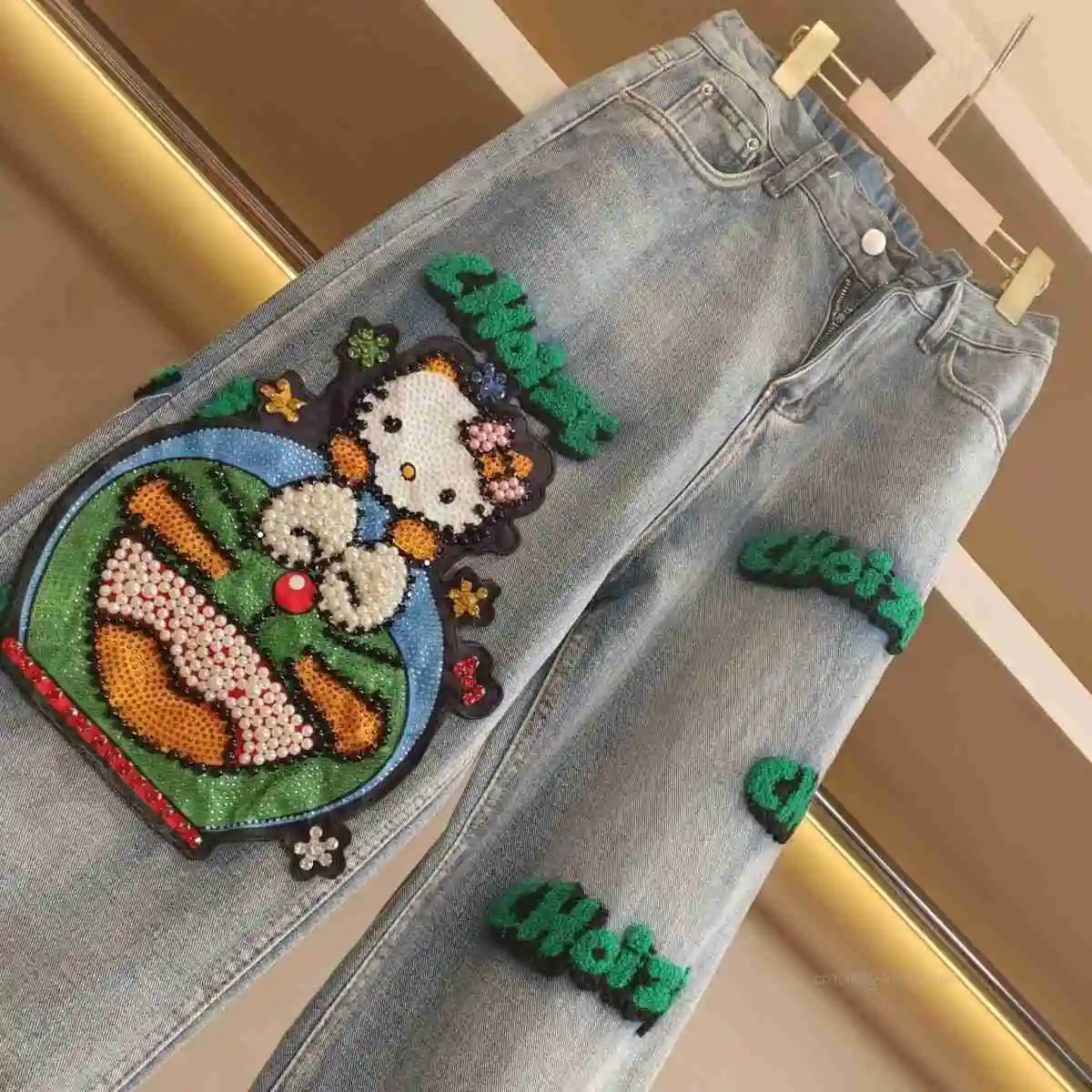 Sanrio Cute Cartoon Hello Kitty Fashion Jeans Women New Autumn High Waist Loose Straight Pants Slim Elastic Waist Wide Leg Pants