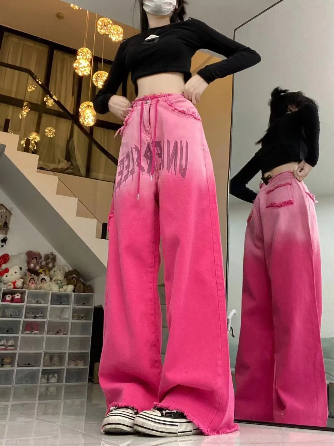 Gradient Pink Jeans Jeans For Women High Street Letter Loose Drawstring Jeans New Fashion High Waisted Wide Leg Pants