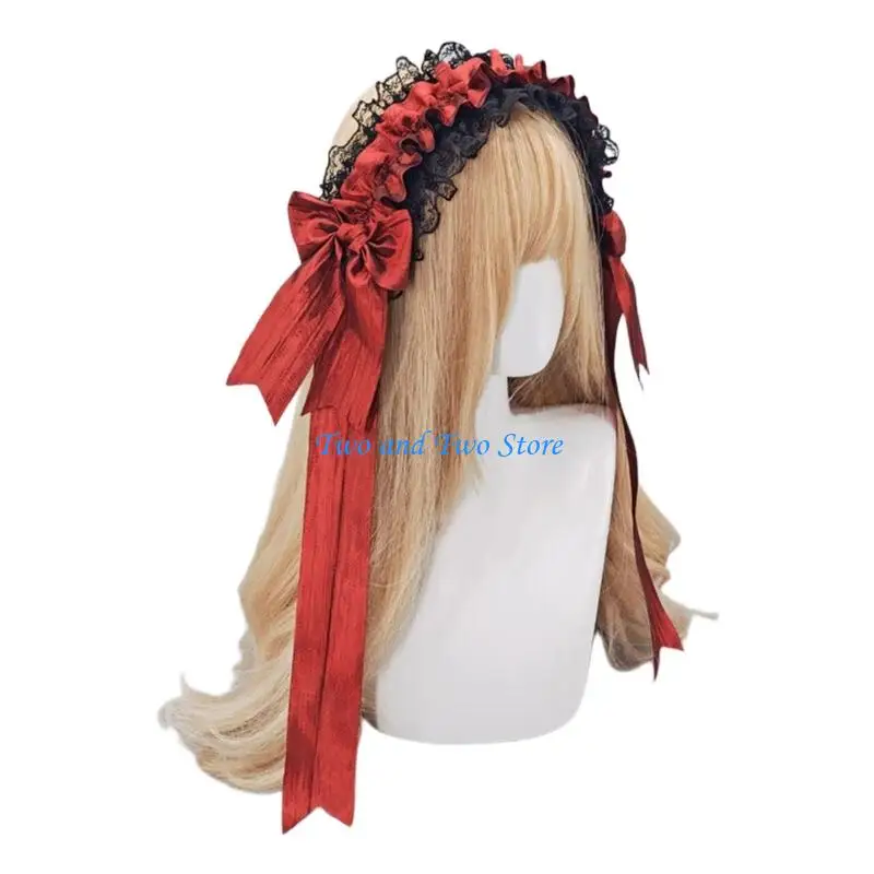 HX6F Punk Lace Bowknot Headband For Women Girl Elegant Ruffle Ribbon Bows Hairband Hair Styling Accessory For Role Play Maid