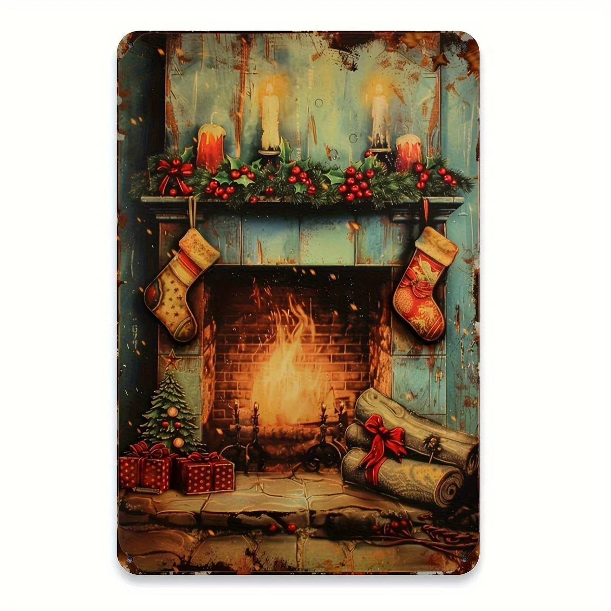 Vintage Christmas Fireplace Metal Tin Sign - Rustic Fireplace Scene with Stockings, Gifts, Tree - Durable Iron Wall Decor - es