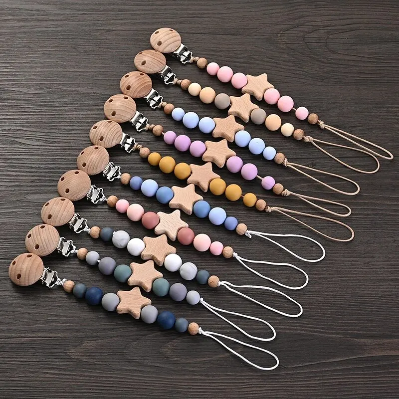 Pacifier clip teething chain — wooden pentagram clip with silicone round beads, teether & baby shower gift 1