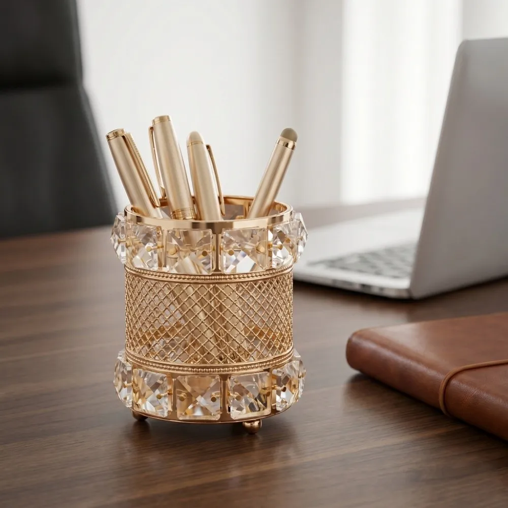 Gold Makeup Brush Holder Organizer Elegant Crystal pen holder Bling Luxurious Cosmetic Storage Box Office Countertop