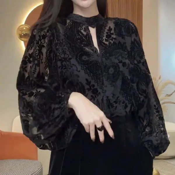 

Lace Long Sleeved Shirt Women's High-end Temperament Hollowed Out Mesh Splicing Flocking and Anti-aging Top JJ220