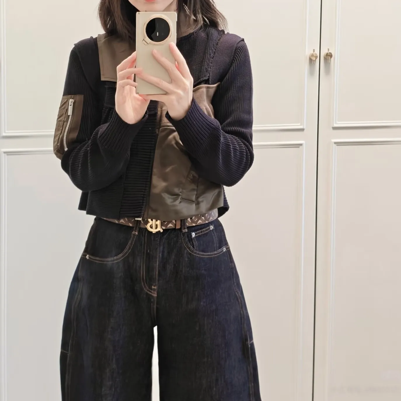 SAC 26 spring splicing short knitted sweater casual stand-up collar short jacket