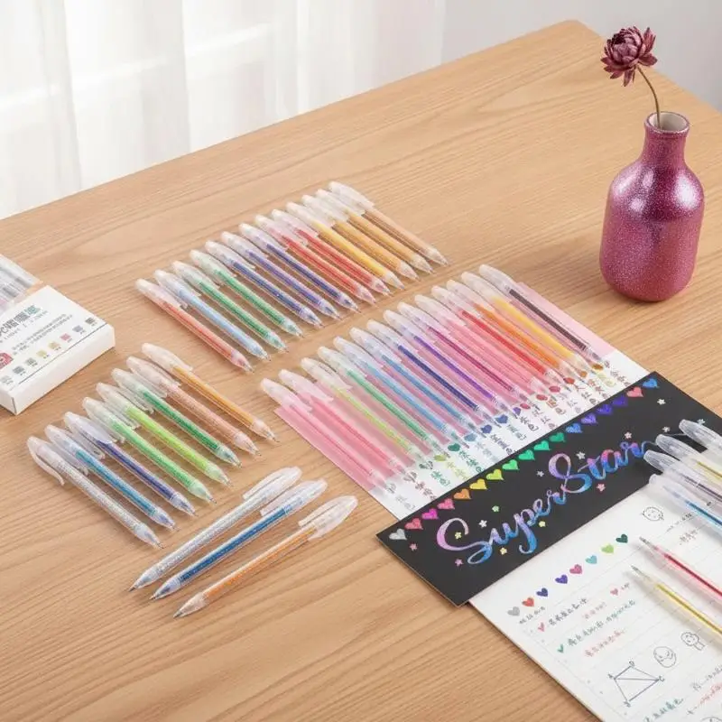 8-48Pcs Shimmer Gel Pen Set, Assorted Pearl Watercolor Fluorescent Markers, Kids Hand‑Account Journal Drawing Color Pens