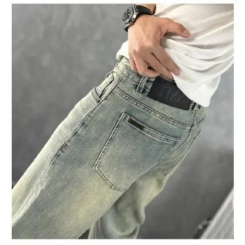 2024 Summer Men's Washed Jeans Blue Trendy Men's Long Pants Slightly Wide Mid-waist Elastic Straight Casual Pants Low Rise Jeans