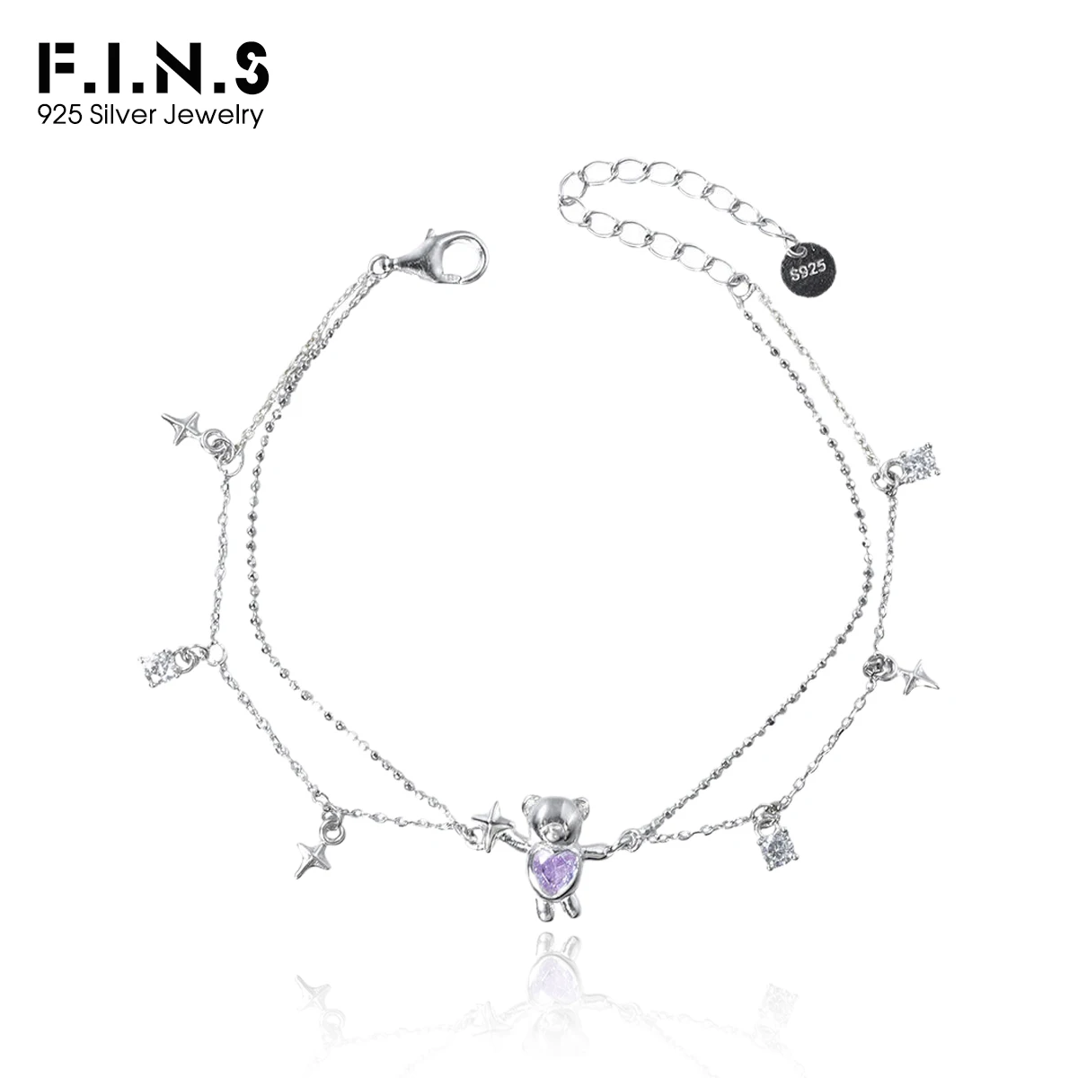 

F.I.N.S Original Cute Small Bear S925 Sterling Silver Bracelet Sweet Purple Zircon Star Pendants Layered Adjustable Fine Jewelry