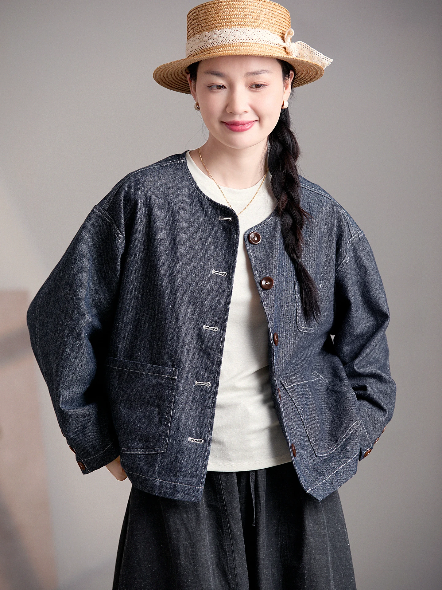 

Льняная хлопковая короткая куртка Gujia свободного кроя с круглым вырезом, женский топ в повседневном художественном стиле, с эффектом похудения, весенняя коллекция