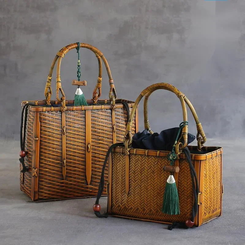 Japanese Bamboo Weaving String Bag Making Old Storage Bags Tea Set Storage Suitcase Case Convenient Handle Organizer Bag