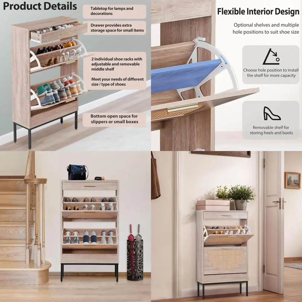 

Тумба для обуви в стиле фермерского дома с 2 откидными и 1 выдвижными ящиками, дверцами из ротанга, металлическими ножками, узкий дизайн для прихожей