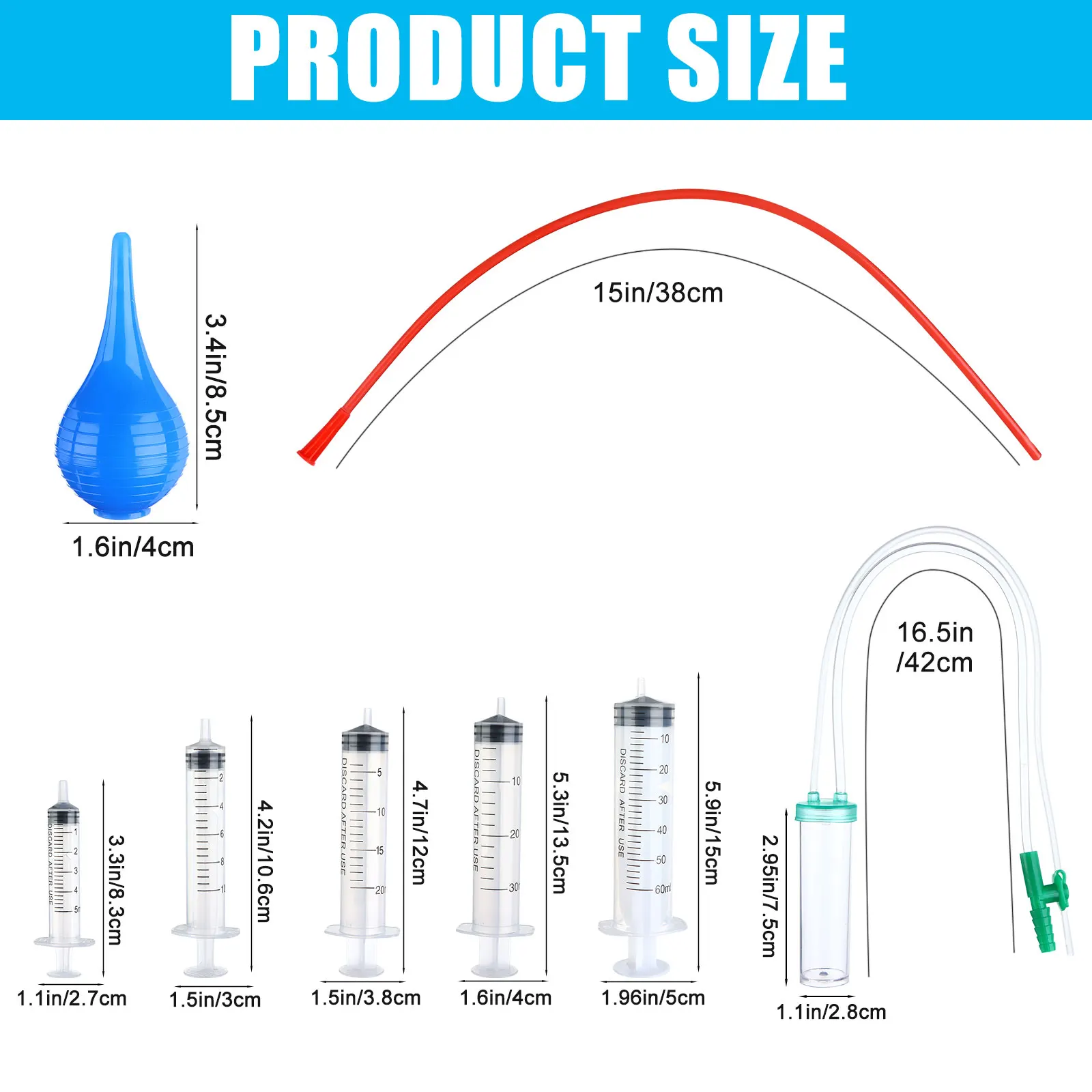 Kit de tubo de alimentación para cachorros y gatitos, jeringa de alimentación de 5 piezas, 5 ML, 10 ML, 20 ML, 30 ML, 60 ML, 4 piezas, 8 FR, rojo, 11 piezas