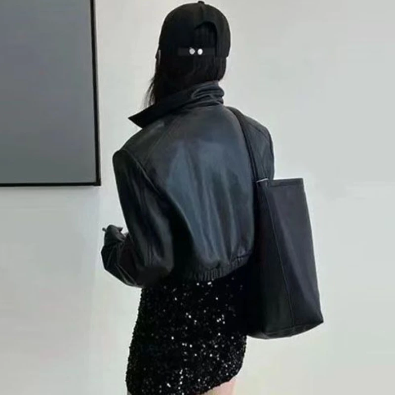 Hitam kerah rebah PU Jaket potong wanita elegan keren pengendara sepeda pakaian luar musim gugur mode desain jalan kepribadian wanita Dasar