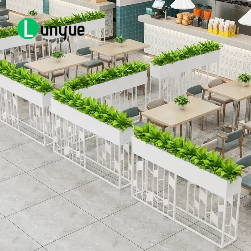 Wrought Iron Half Fence Partition Screen for Hot Pot Restaurant Office Aisle Card Seat Divider with Green Plant Flower Stand
