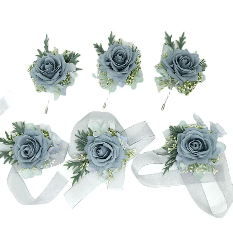 Wedding Boutonniere Silk Roses Corsage Wrist Bridesmaid Bracelet Flowers Groom Buttonhole Suit Broche accesorios de boda