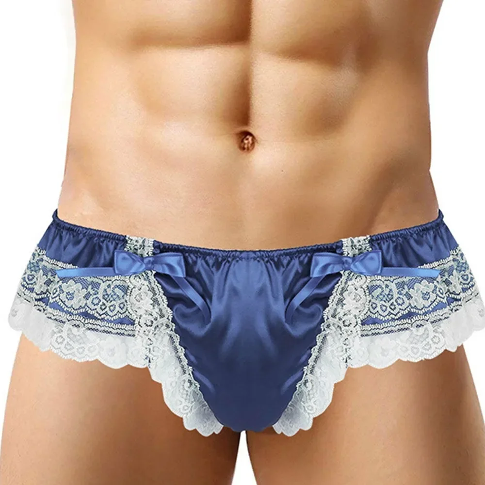 Sexy Sissy Pouch Panties Men Satin Ruffle Briefs Bow Tie Design Men Underwear Gaywear G-String T-Back Thongs Gay Exotic Costumes