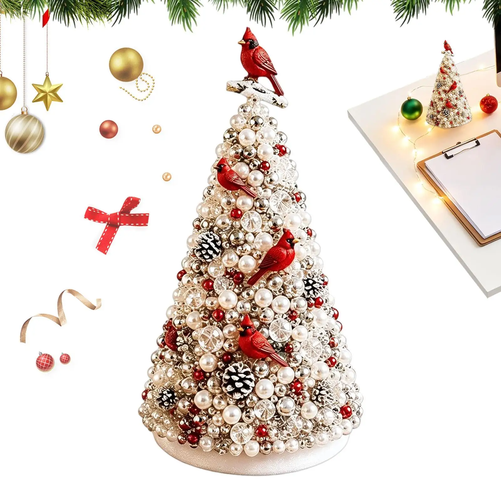 19X9cm Beaded Christmas Tree Kit with Pearl Red Bird Charm, DIY Craft Ornament Making Set, Holiday Nativity Wall Decor
