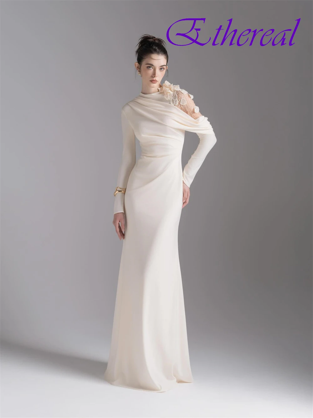 

Customized Elegant Jersey Evening Dress Fashion O-Neck Long Sleeves Prom Dresses Delicate Sweep Train Special Occasion Gowns