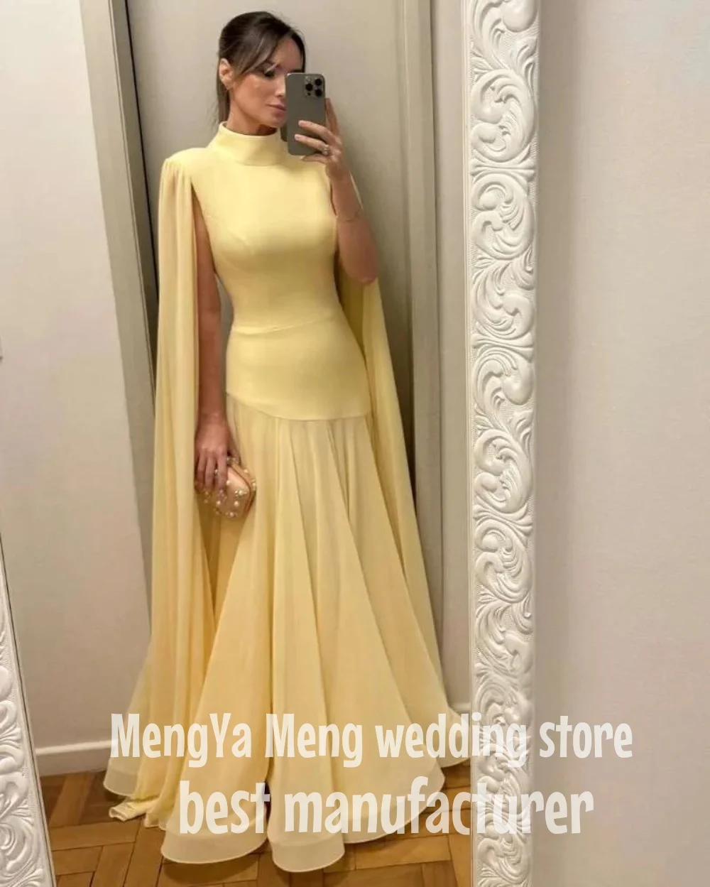 ZHUISHU الشيفون عالية الرقبة فستان ماكسي المرأة كيب كم بيبلوم الخصر فلوي هيم رداء جديد الصيف تاريخ أنيق سيدة الموضة