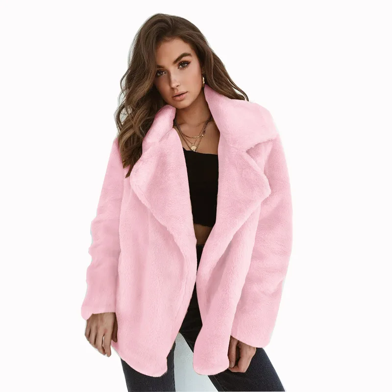 

Fashion European and American Autumn and Winter Sexy Long-sleeved Warm Women's Plush Lapel Slim Solid Color Jacket Women