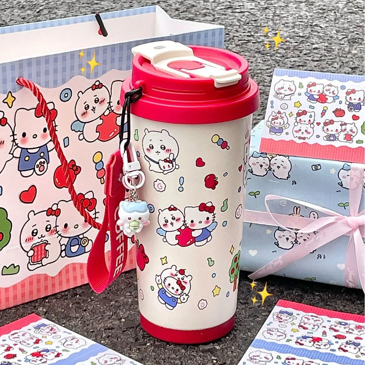 New Chiikawa Hellokitty Co-Branded Thermos Cup Large Capacity Kawaii Portable Straw Water Cup Girl Gift