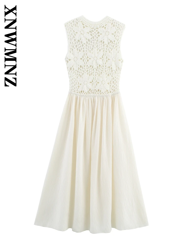 XNWMNZ 2025 ملابس النساء الصيفية موضة بوهو بلا أكمام ياقة ميدي مطوي فستان أنيق عطلة امرأة بيج فساتين بسيطة