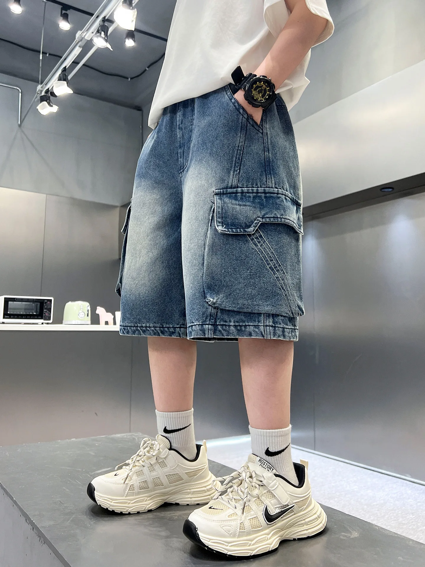 High Quality Kids Boy Korean Style Loose Fit Knee Length Retro Blue Denim Shorts For Children Age 5 6 7 8 9 10 11 12 13 14 Years