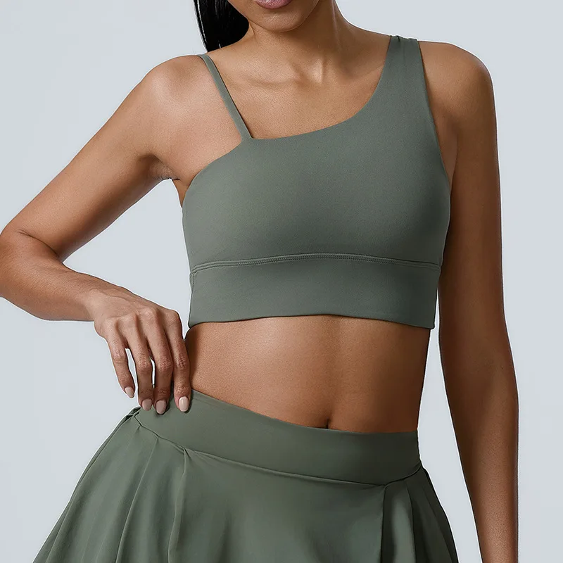 

Women’s Breathable Sports Bra, Shockproof Push Up Yoga Crop Top, Anti-Sweat Slant Shoulder Fitness Bra, Gym Workout Activewear