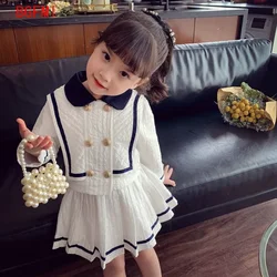 Fall White Children's Long Sleeve Shirt +Skirt 2pcs Set Girls Suit Vestido Kids Dresses for Baby England Princess Dress Elegant