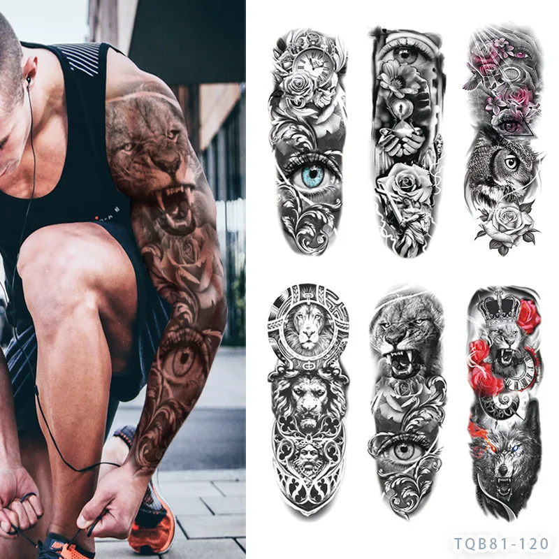 

Adults Temporary Full Arm Tattoo Waterproof Tatoo Sticker Wild Wolf Tiger Men Full Skull Totem Fake Tatto for men women