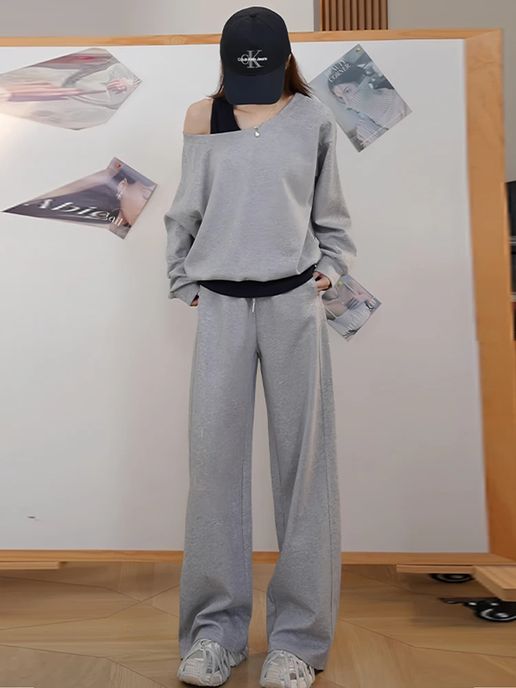 

Autumn New Two Piece Set Women's 2025 New Slimming Fake Two piece Slanted Shoulder Contrast Pullover+Wide Leg Pants